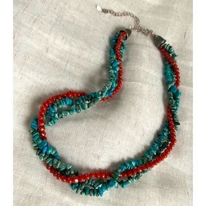 925 Shube Turquoise and Coral Multi-Strand Beaded Necklace Sterling Silver